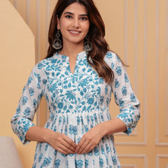 White Pure Cotton Mandarin Collar Floral Print Top For Women Mizaz Jaipur