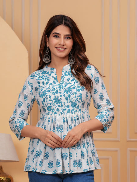 White Pure Cotton Mandarin Collar Floral Print Top For Women Mizaz Jaipur