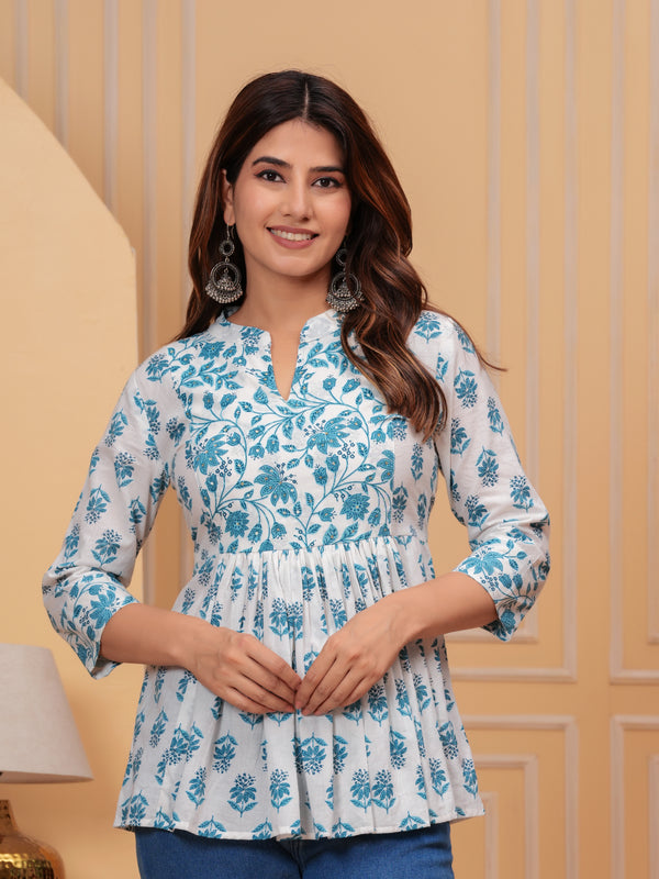 White Pure Cotton Mandarin Collar Floral Print Top For Women Mizaz Jaipur