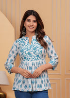 White Pure Cotton Mandarin Collar Floral Print Top For Women Mizaz Jaipur