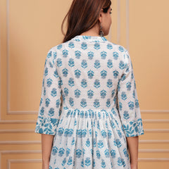 White Pure Cotton Mandarin Collar Floral Print Top For Women Mizaz Jaipur