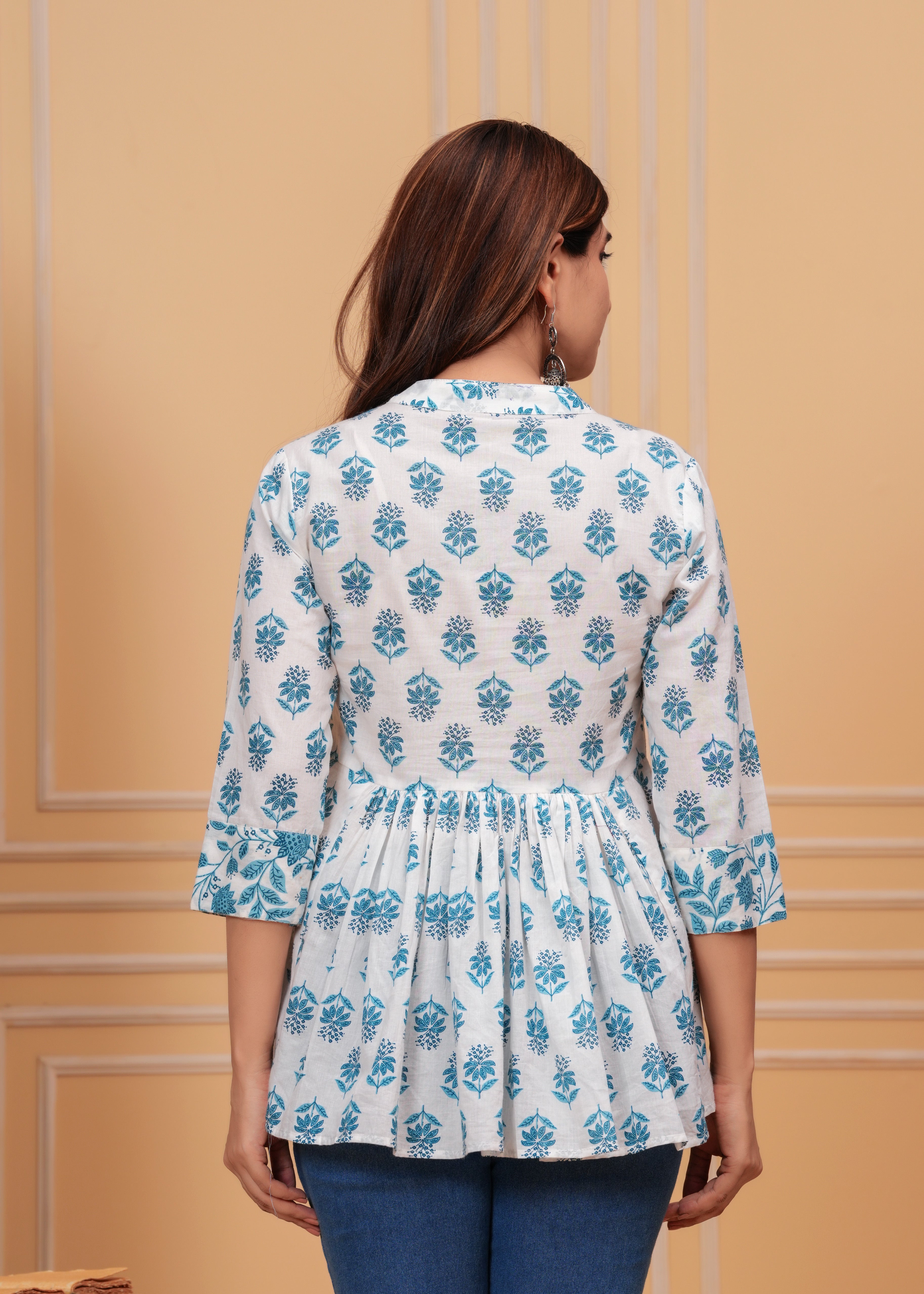 White Pure Cotton Mandarin Collar Floral Print Top For Women Mizaz Jaipur