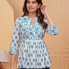 White Pure Cotton Mandarin Collar Floral Print Top For Women Mizaz Jaipur