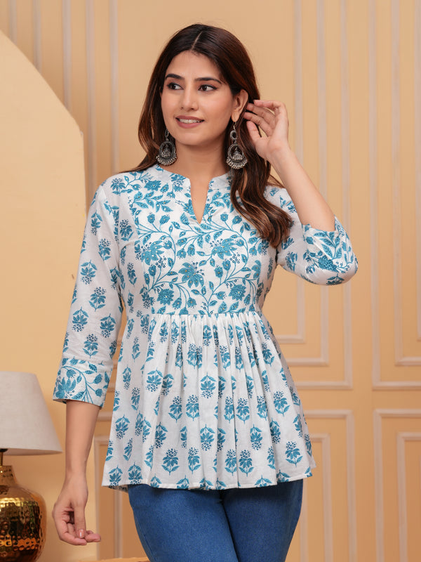 White Pure Cotton Mandarin Collar Floral Print Top For Women Mizaz Jaipur