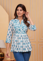 White Pure Cotton Mandarin Collar Floral Print Top For Women Mizaz Jaipur