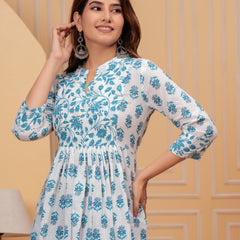White Pure Cotton Mandarin Collar Floral Print Top For Women Mizaz Jaipur