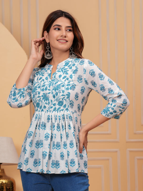 White Pure Cotton Mandarin Collar Floral Print Top For Women Mizaz Jaipur