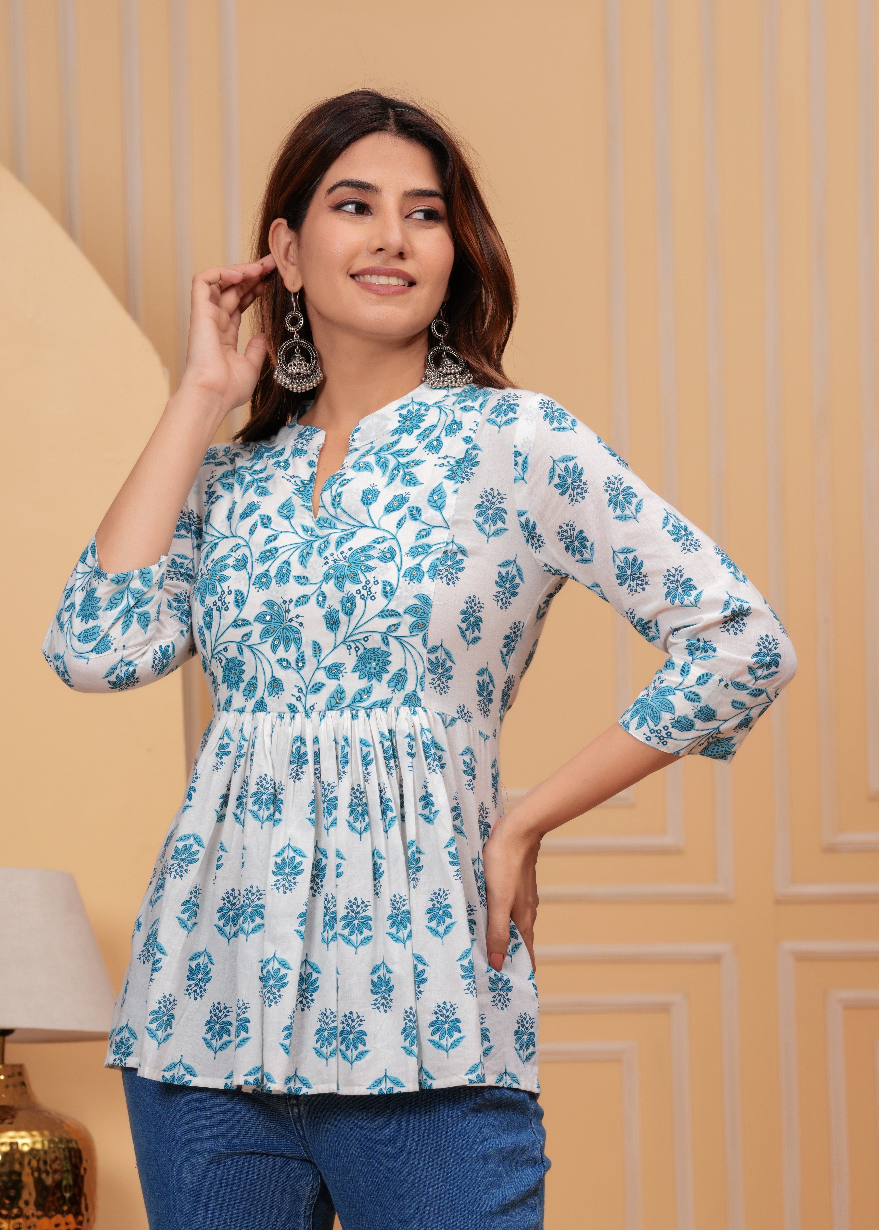 White Pure Cotton Mandarin Collar Floral Print Top For Women Mizaz Jaipur