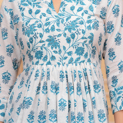 White Pure Cotton Mandarin Collar Floral Print Top For Women Mizaz Jaipur