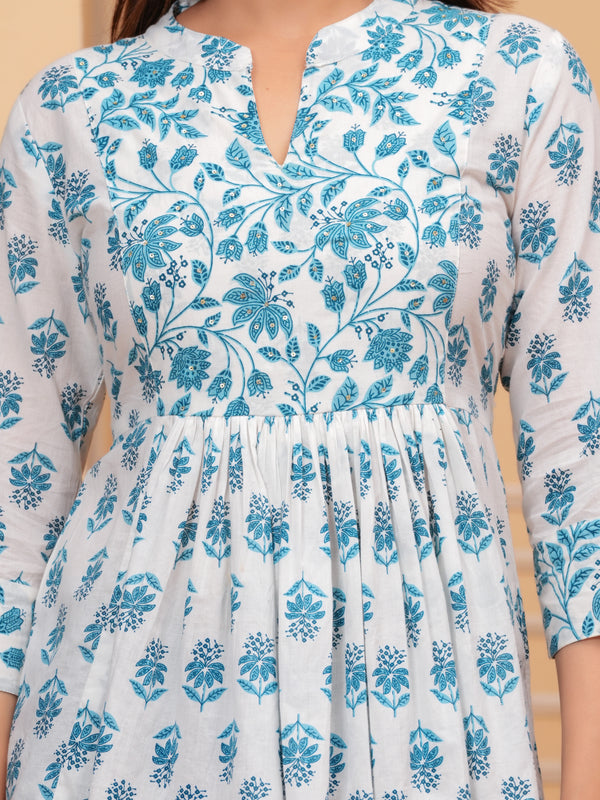 White Pure Cotton Mandarin Collar Floral Print Top For Women Mizaz Jaipur