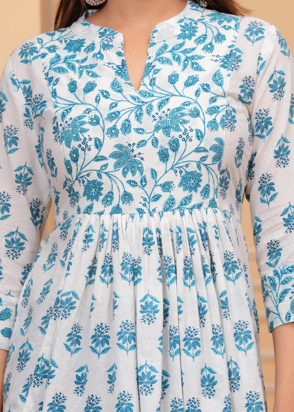 White Pure Cotton Mandarin Collar Floral Print Top For Women Mizaz Jaipur