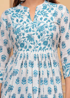 White Pure Cotton Mandarin Collar Floral Print Top For Women Mizaz Jaipur