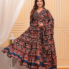 Black Pure Cotton Floral V Neck Flared Kurta, Pant & Dupatta Set For Women Mizaz Jaipur