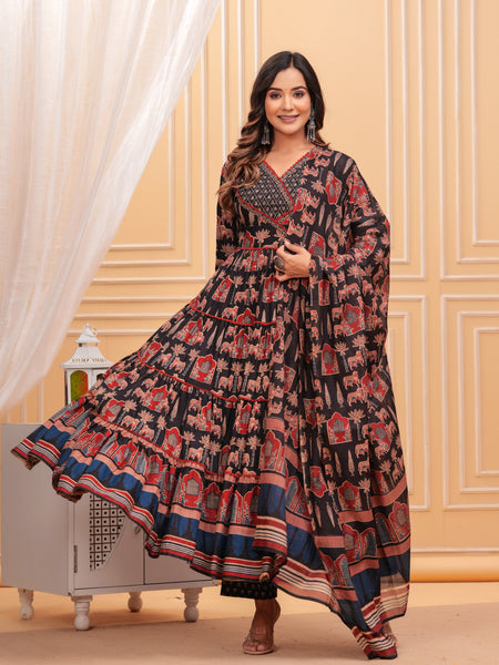 Black Pure Cotton Floral V Neck Flared Kurta, Pant & Dupatta Set For Women Mizaz Jaipur