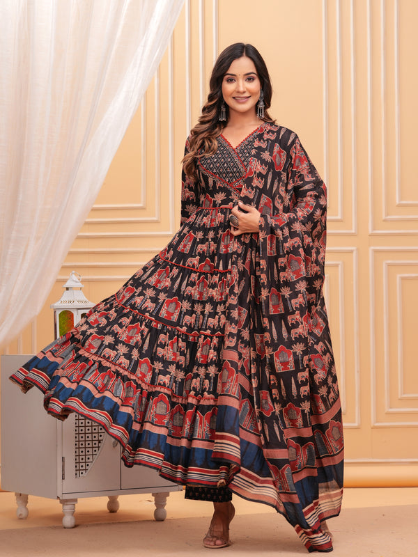 Black Pure Cotton Floral V Neck Flared Kurta, Pant & Dupatta Set For Women Mizaz Jaipur