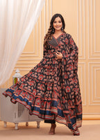Black Pure Cotton Floral V Neck Flared Kurta, Pant & Dupatta Set For Women Mizaz Jaipur