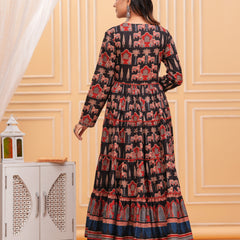 Black Pure Cotton Floral V Neck Flared Kurta, Pant & Dupatta Set For Women Mizaz Jaipur