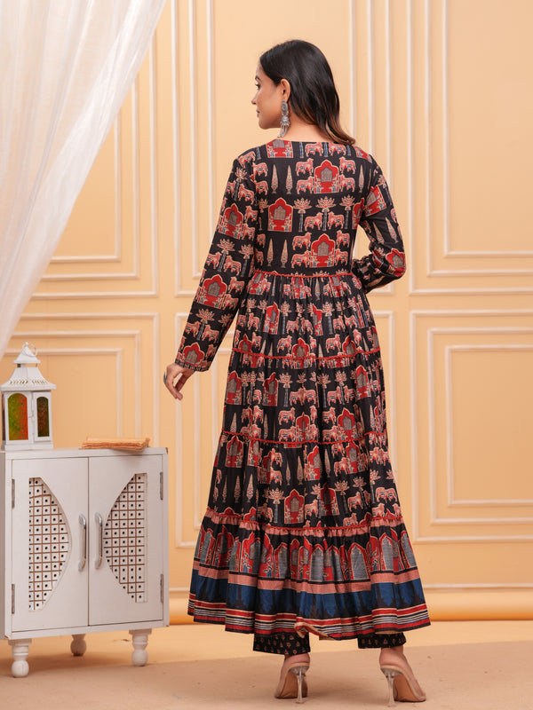 Black Pure Cotton Floral V Neck Flared Kurta, Pant & Dupatta Set For Women Mizaz Jaipur