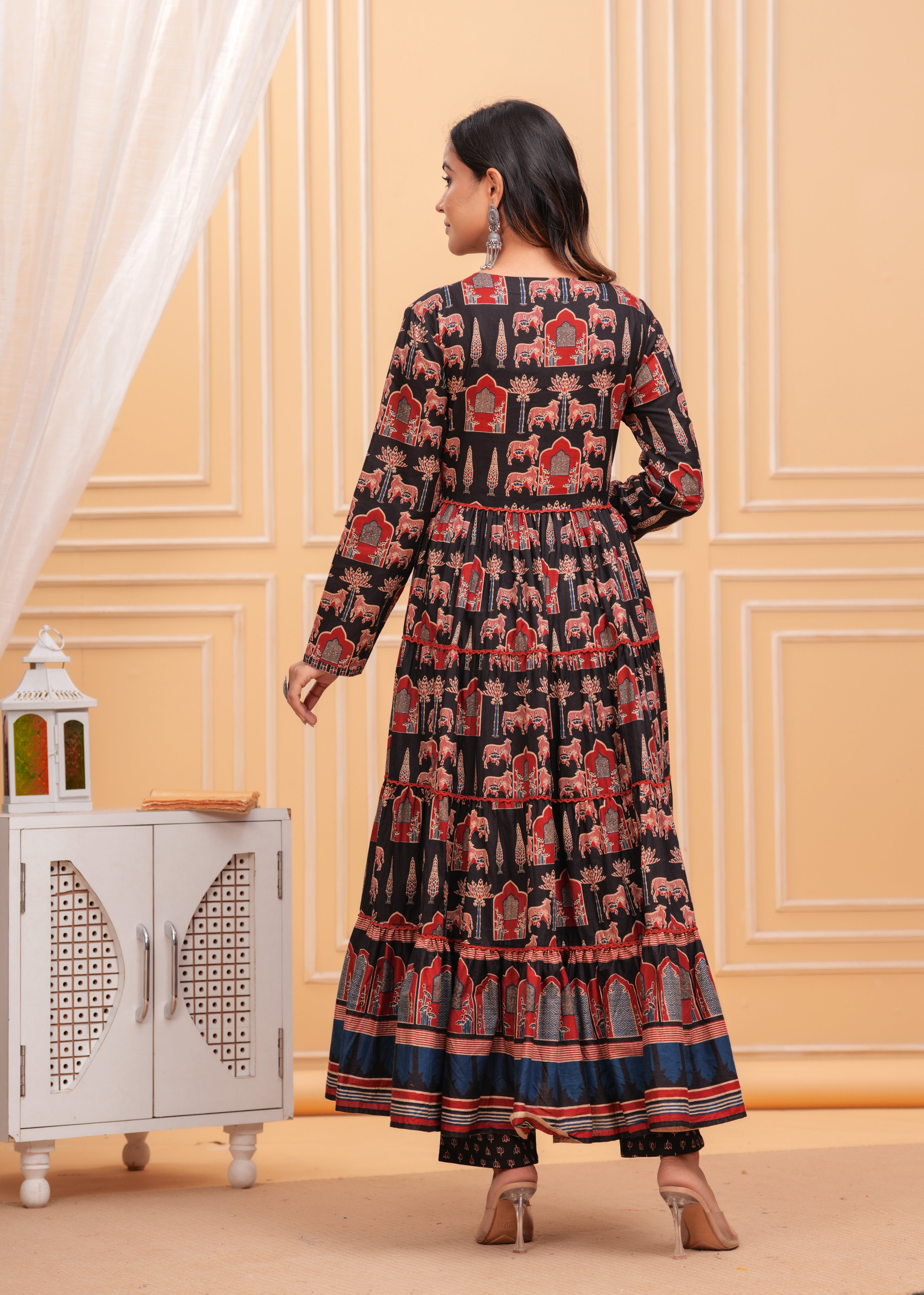 Black Pure Cotton Floral V Neck Flared Kurta, Pant & Dupatta Set For Women Mizaz Jaipur