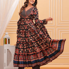 Black Pure Cotton Floral V Neck Flared Kurta, Pant & Dupatta Set For Women Mizaz Jaipur