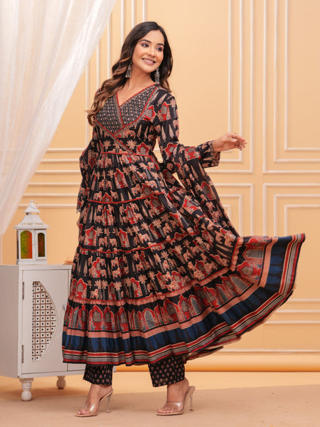 Black Pure Cotton Floral V Neck Flared Kurta, Pant & Dupatta Set For Women Mizaz Jaipur