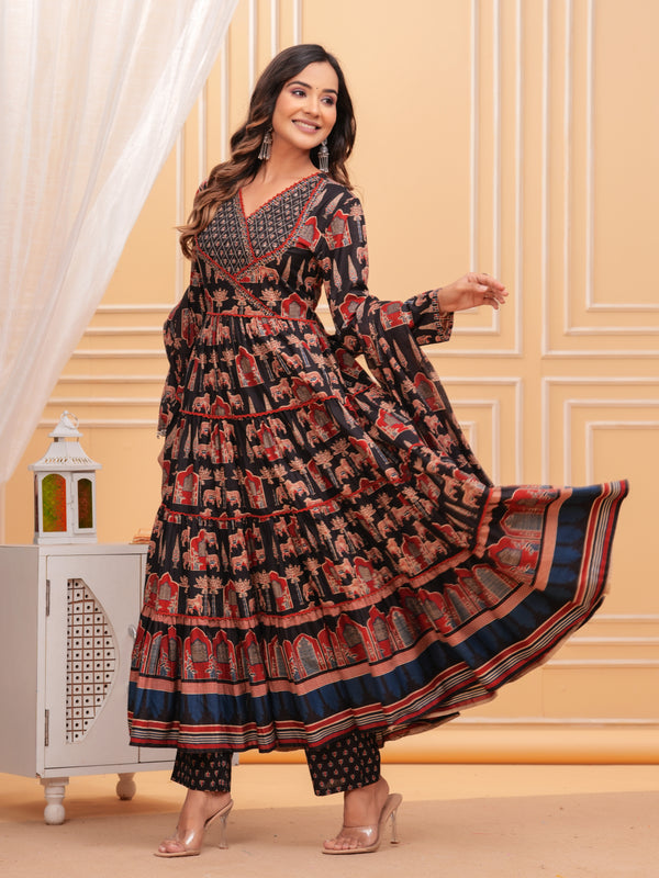 Black Pure Cotton Floral V Neck Flared Kurta, Pant & Dupatta Set For Women Mizaz Jaipur