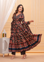 Black Pure Cotton Floral V Neck Flared Kurta, Pant & Dupatta Set For Women Mizaz Jaipur