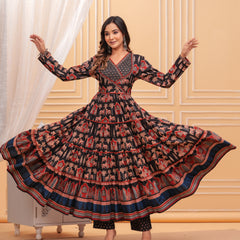 Black Pure Cotton Floral V Neck Flared Kurta, Pant & Dupatta Set For Women Mizaz Jaipur