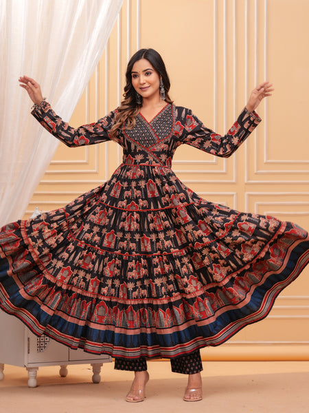 Black Pure Cotton Floral V Neck Flared Kurta, Pant & Dupatta Set For Women Mizaz Jaipur