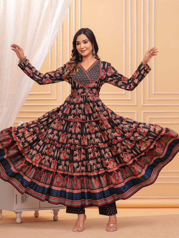 Black Pure Cotton Floral V Neck Flared Kurta, Pant & Dupatta Set For Women Mizaz Jaipur