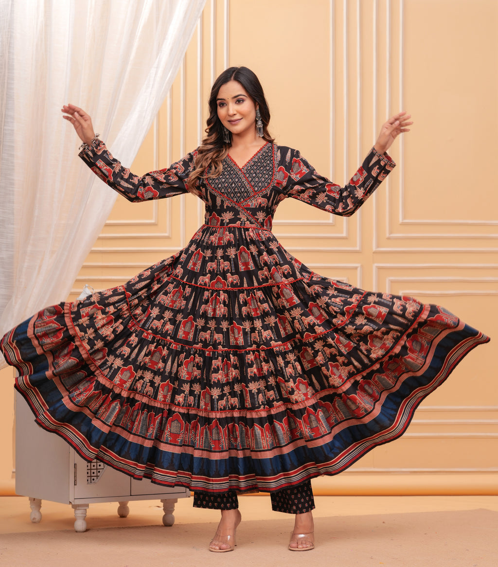 Black Pure Cotton Floral V Neck Flared Kurta, Pant & Dupatta Set For Women Mizaz Jaipur