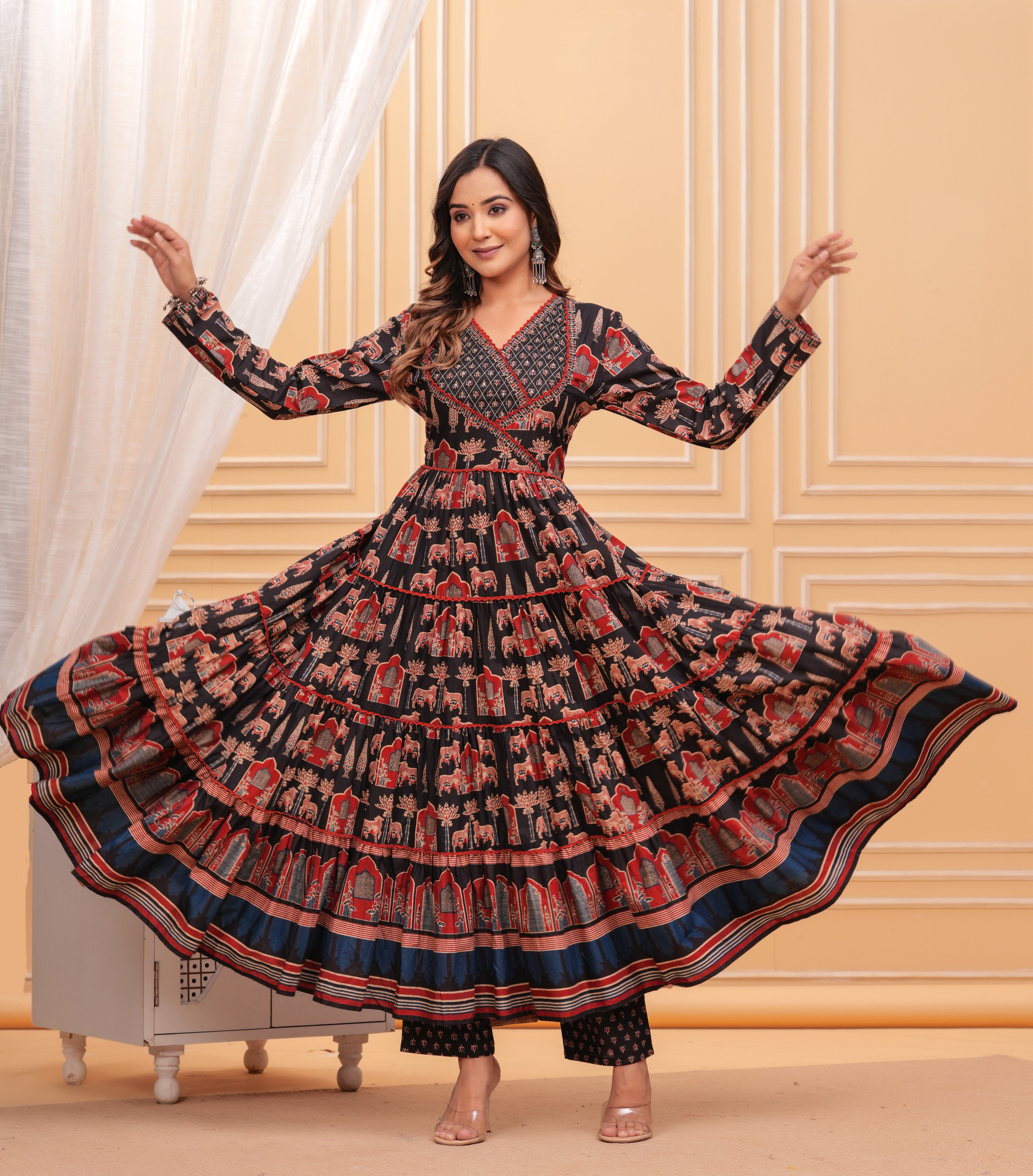 Black Pure Cotton Floral V Neck Flared Kurta, Pant & Dupatta Set For Women Mizaz Jaipur