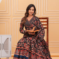 Black Pure Cotton Floral V Neck Flared Kurta, Pant & Dupatta Set For Women Mizaz Jaipur