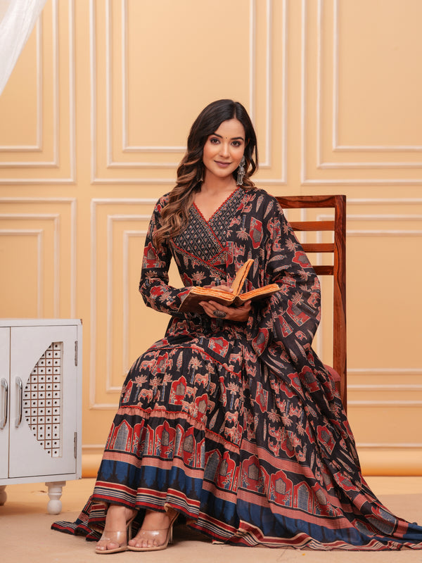 Black Pure Cotton Floral V Neck Flared Kurta, Pant & Dupatta Set For Women Mizaz Jaipur