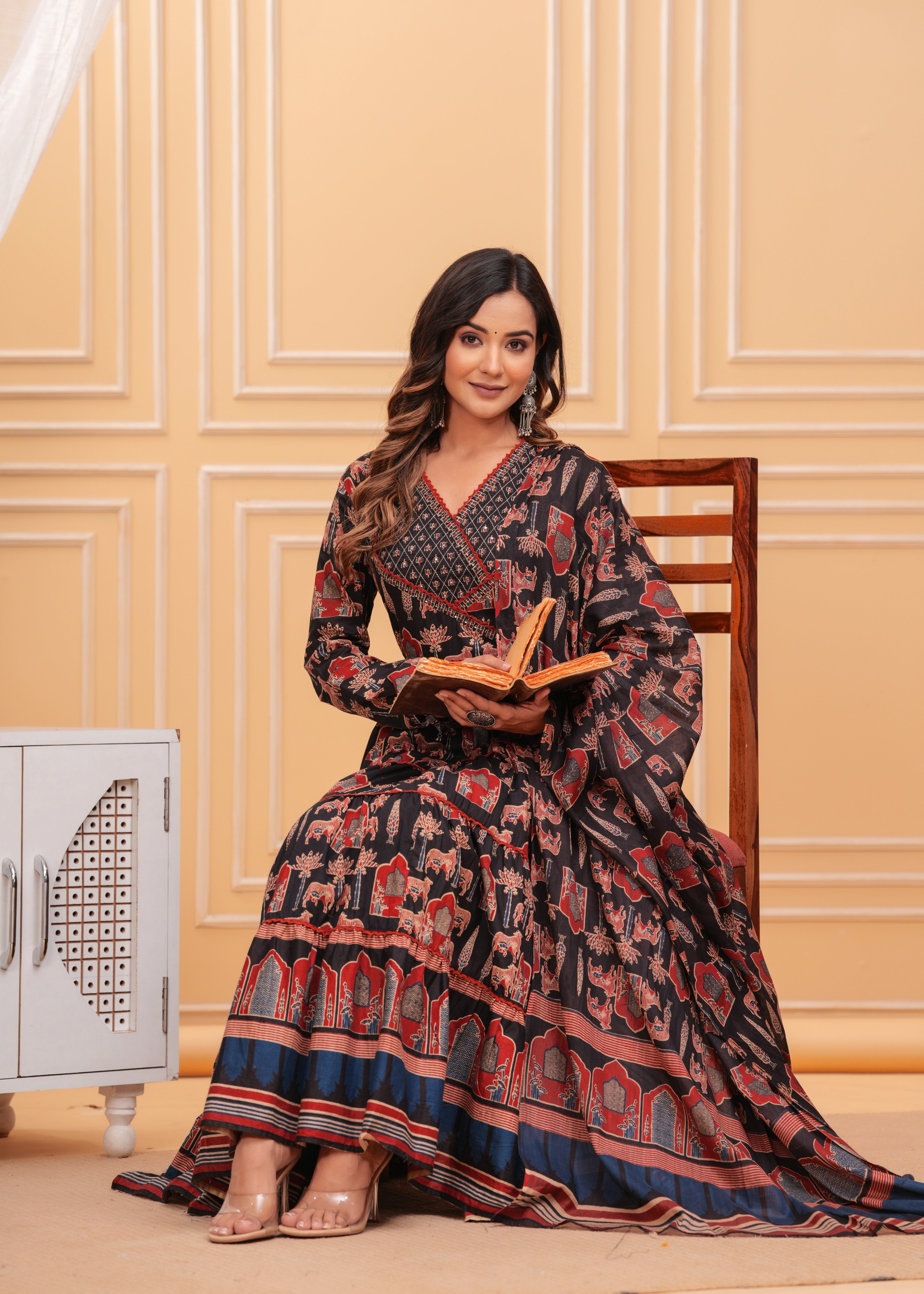 Black Pure Cotton Floral V Neck Flared Kurta, Pant & Dupatta Set For Women Mizaz Jaipur