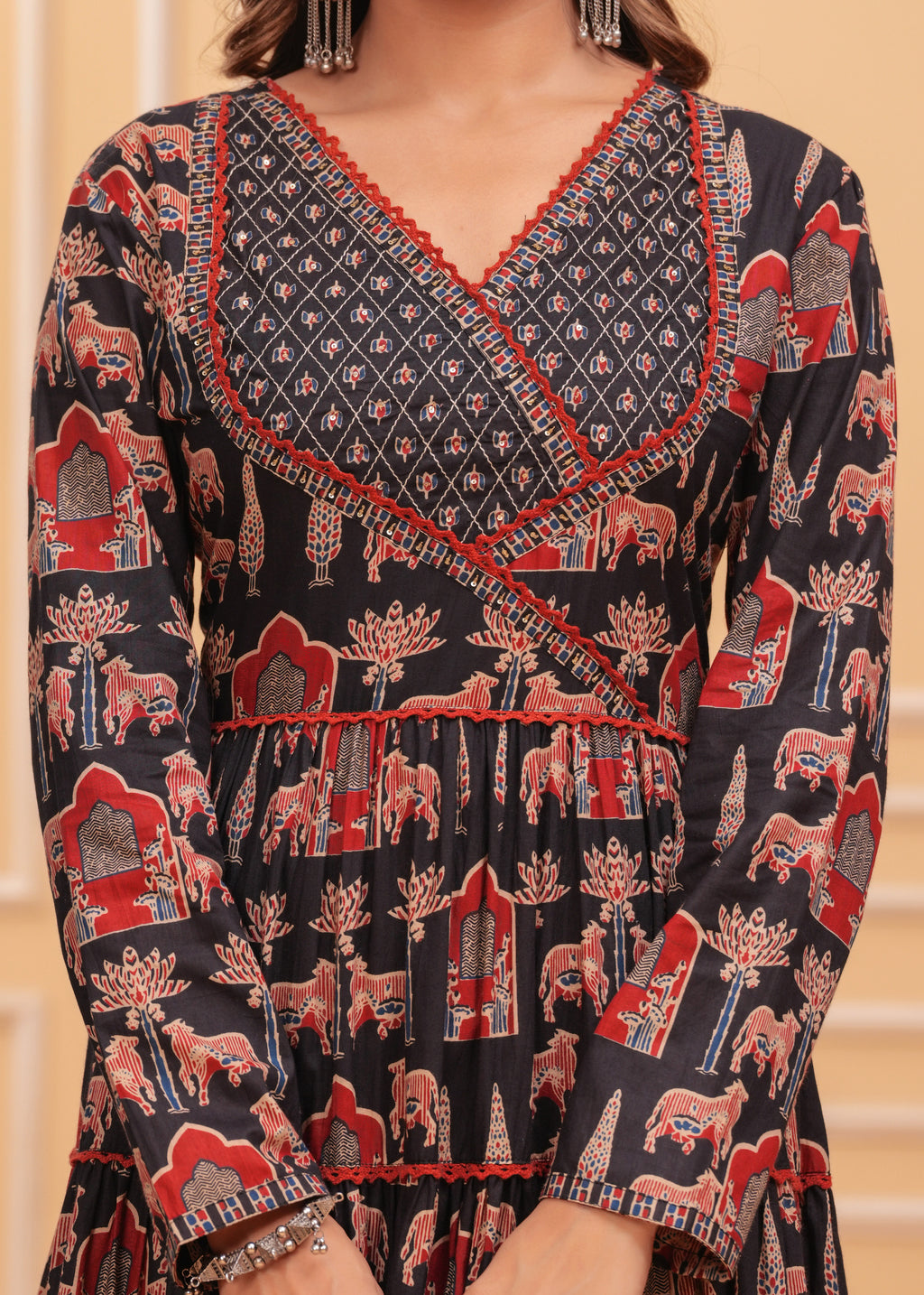 Black Pure Cotton Floral V Neck Flared Kurta, Pant & Dupatta Set For Women Mizaz Jaipur