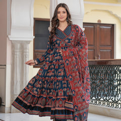 Blue Cotton Printed V-Neck Full Sleeves Calf Length Flared Kurta Pant & Dupatta Set For Women Mizaz Jaipur