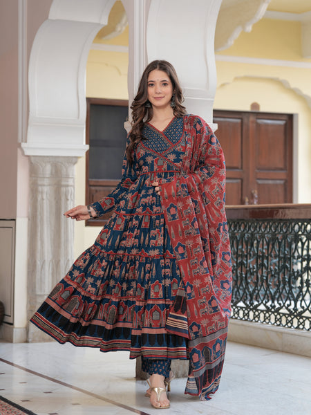 Blue Cotton Printed V-Neck Full Sleeves Calf Length Flared Kurta Pant & Dupatta Set For Women Mizaz Jaipur