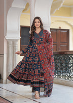 Blue Cotton Printed V-Neck Full Sleeves Calf Length Flared Kurta Pant & Dupatta Set For Women Mizaz Jaipur