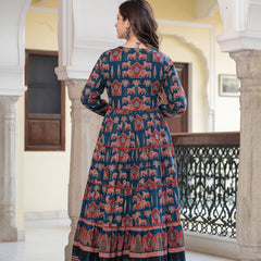 Blue Cotton Printed V-Neck Full Sleeves Calf Length Flared Kurta Pant & Dupatta Set For Women Mizaz Jaipur
