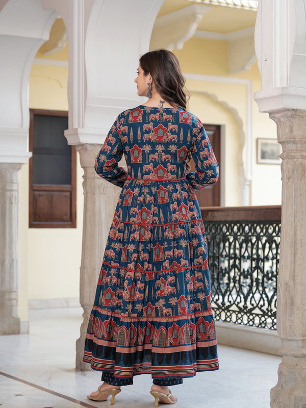 Blue Cotton Printed V-Neck Full Sleeves Calf Length Flared Kurta Pant & Dupatta Set For Women Mizaz Jaipur