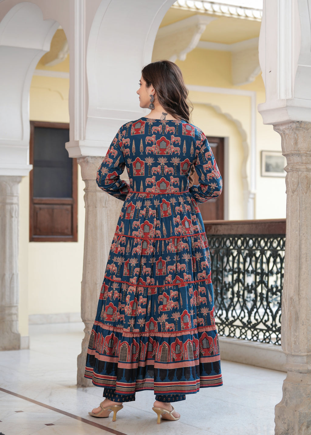 Blue Cotton Printed V-Neck Full Sleeves Calf Length Flared Kurta Pant & Dupatta Set For Women Mizaz Jaipur