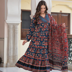 Blue Cotton Printed V-Neck Full Sleeves Calf Length Flared Kurta Pant & Dupatta Set For Women Mizaz Jaipur