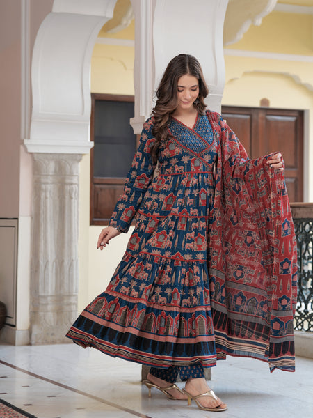 Blue Cotton Printed V-Neck Full Sleeves Calf Length Flared Kurta Pant & Dupatta Set For Women Mizaz Jaipur