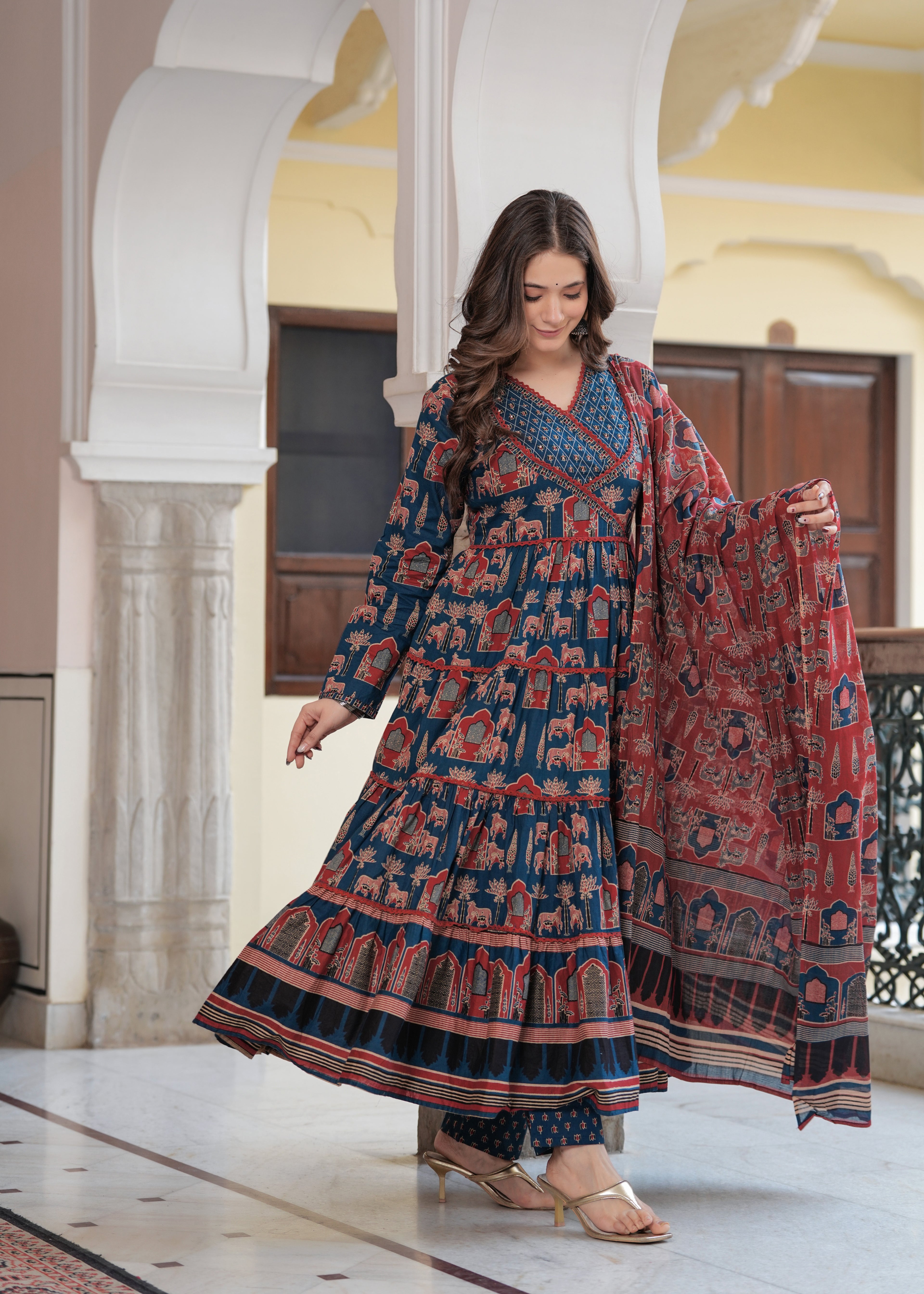 Blue Cotton Printed V-Neck Full Sleeves Calf Length Flared Kurta Pant & Dupatta Set For Women Mizaz Jaipur