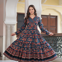 Blue Cotton Printed V-Neck Full Sleeves Calf Length Flared Kurta Pant & Dupatta Set For Women Mizaz Jaipur