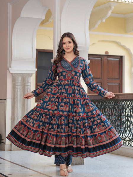 Blue Cotton Printed V-Neck Full Sleeves Calf Length Flared Kurta Pant & Dupatta Set For Women Mizaz Jaipur