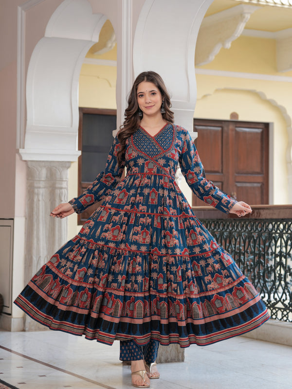 Blue Cotton Printed V-Neck Full Sleeves Calf Length Flared Kurta Pant & Dupatta Set For Women Mizaz Jaipur
