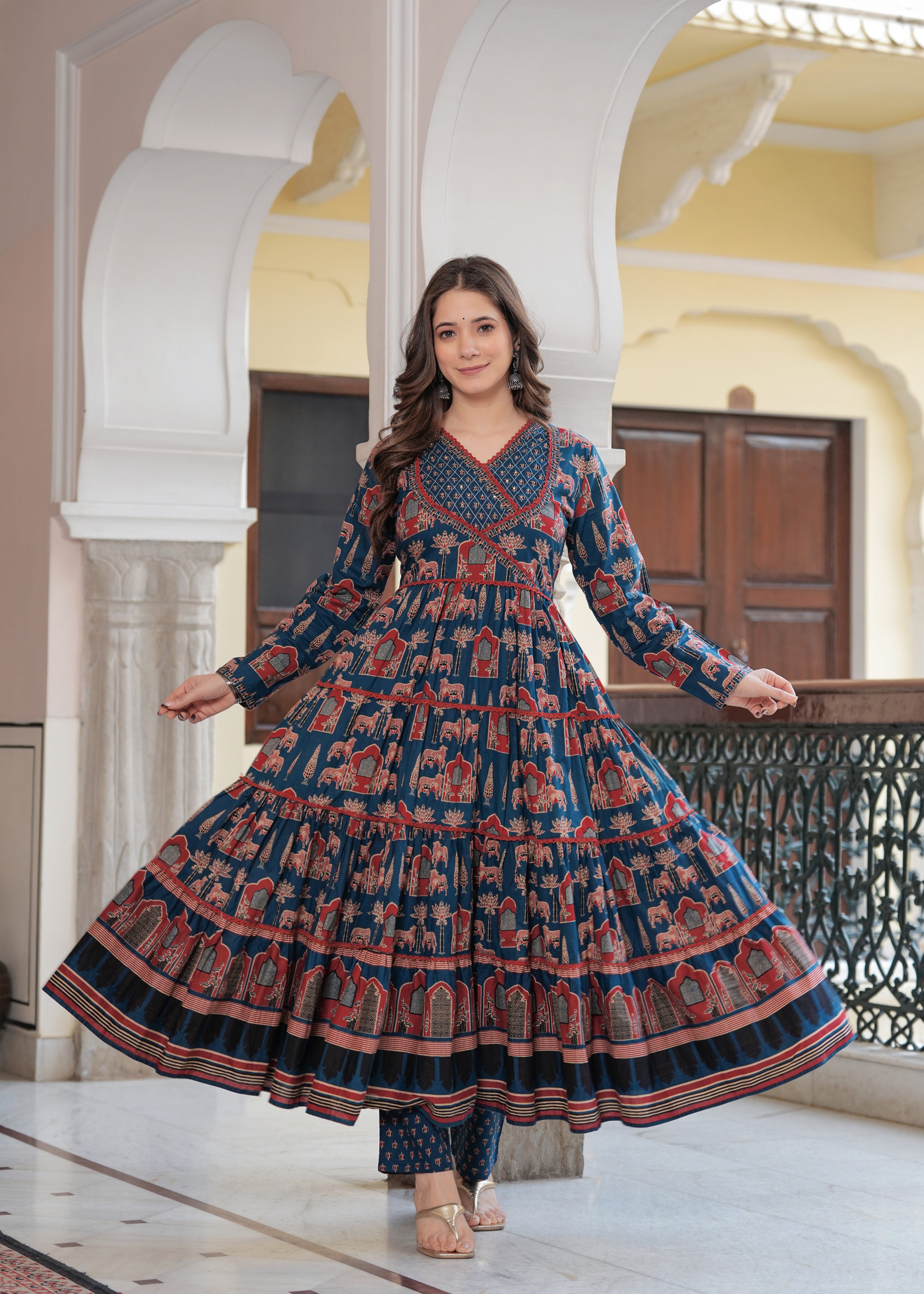 Blue Cotton Printed V-Neck Full Sleeves Calf Length Flared Kurta Pant & Dupatta Set For Women Mizaz Jaipur