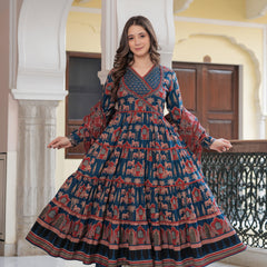 Blue Cotton Printed V-Neck Full Sleeves Calf Length Flared Kurta Pant & Dupatta Set For Women Mizaz Jaipur